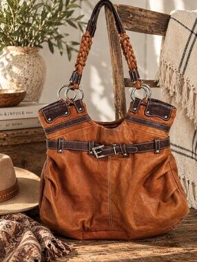 Danier Genuine Leather Handbag Cognac Brown Western Boho Braided Y2K Vintage